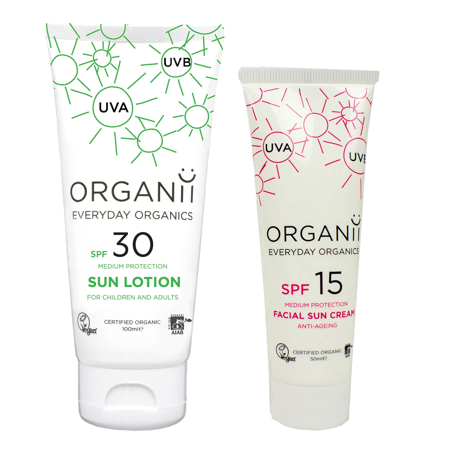 Organii Everyday Sun Care Duo features a tube of Organii SPF30 Sun Lotion and a tube of Organii SPF15 Facial Sun Cream on a white background