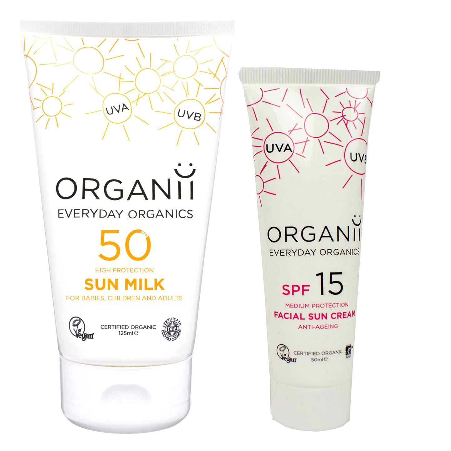 Organii SPF Body and SPF15 Face Care Duo features a tube of SPF50 Sun Milk and a Tube of SPF15 Facial Sun Cream on a white background