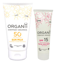 Organii SPF Body and SPF15 Face Care Duo features a tube of SPF50 Sun Milk and a Tube of SPF15 Facial Sun Cream on a white background