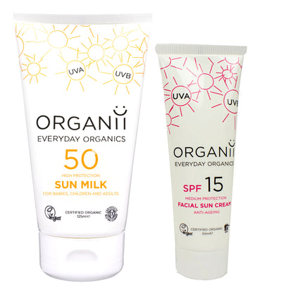 Organii SPF Body and SPF15 Face Care Duo features a tube of SPF50 Sun Milk and a Tube of SPF15 Facial Sun Cream on a white background