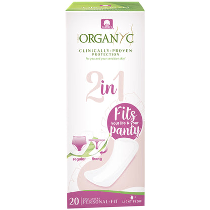 Box of Organyc 2 in 1 Panty Liners Light Flow on a white background