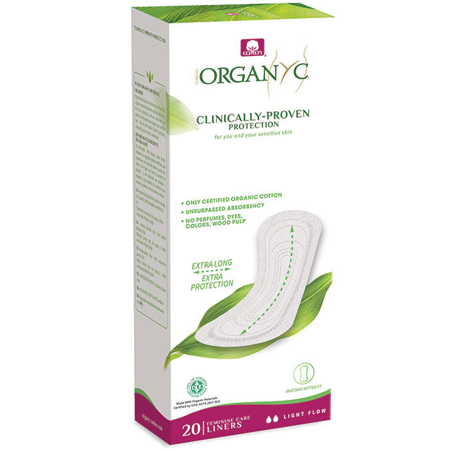 Organyc Extra Long Pantyliners flat for a light flow made with organic cotton. 20 liners in a box.