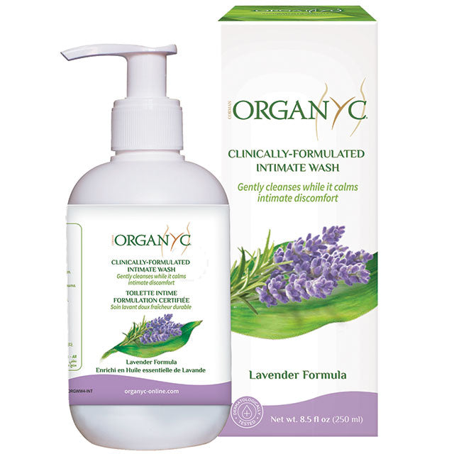 Organyc Intimate Wash with Lavender in a pump bottle in a box. 