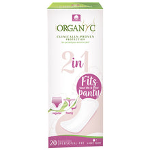 Organyc Organic Cotton 2 in 1 Panty liner for a light flow which fits  regular panties and thongs. 20 personal fit pantyliners in a box 