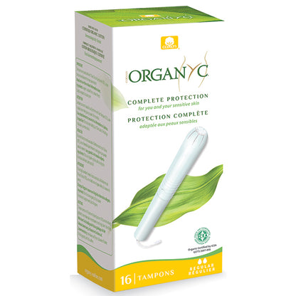 Organyc Applicator Tampons Regular made with 100% organic cotton and a cardboard applicator comes in a cardboard box.