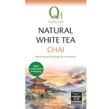 Qi Natural White Chai Tea is packaged in a box showing a mountain illustration on a white background