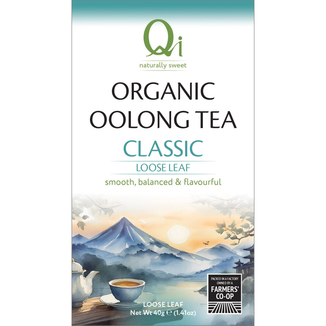 Qi Organic Oolong Tea Classic Loose Leaf is in a box with a mountain and tea cup illustration on a white background