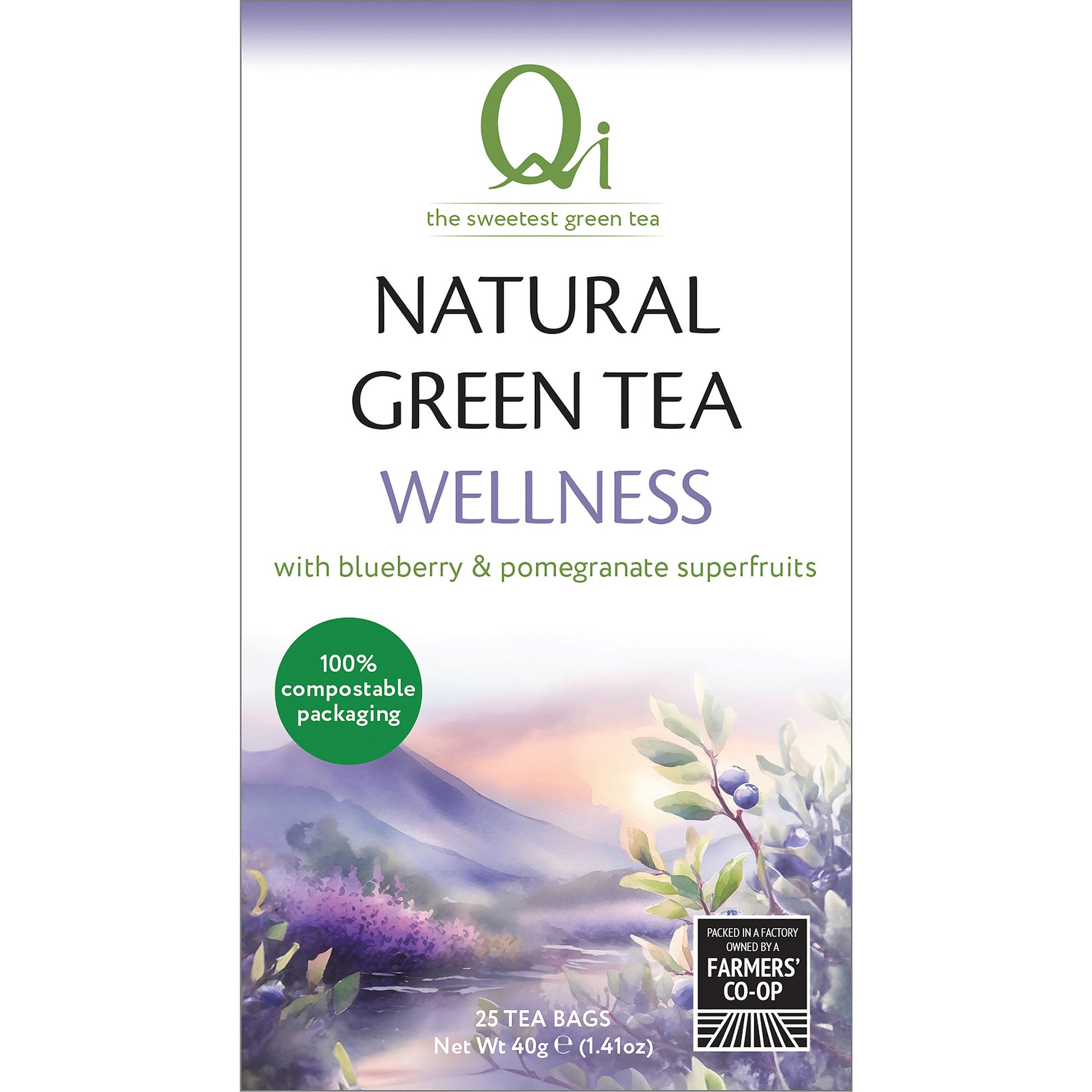 Qi Teas Natural Wellness Greet Tea with Bluberry and Pomegranate is in a box with a mountain illustration on a white background 