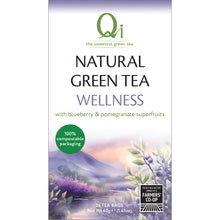 Qi Teas Natural Wellness Greet Tea with Bluberry and Pomegranate is in a box with a mountain illustration on a white background 