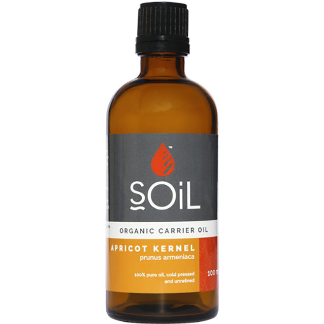Soil organic Carrier Oil Apricot Kernel in a brown bottle with a screw top lid 