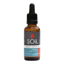 Soil Organic Carrier Oil Argan 30ml size in a glass bottle with a dropper lid 