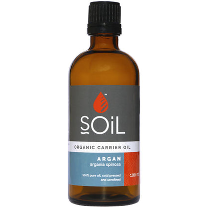 Soil Organic Carrier Oil Argan in a brown glass bottle with a screw top lid. 