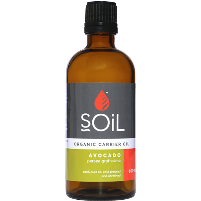 Soil Organic Carrier Oil Avocado 100ml in a brown glass bottle with a screw top lid 