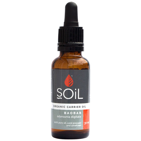Soil Organic Carrier Oil Baobab Body Oil 30ml in a brown glass bottle with a dropper lid 