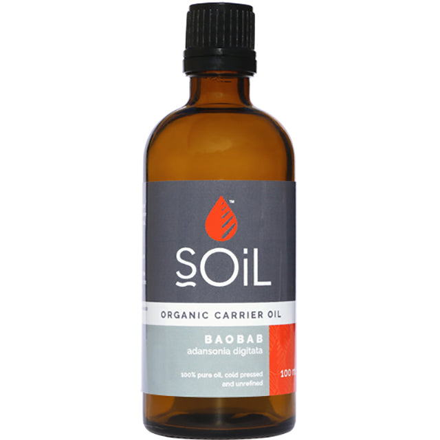 Soil Organic Carrier Oil Baobab Body Oil in a brown glass bottle with a screw top lid  