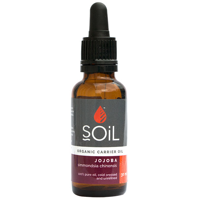 Soil Organic Carrier Oil Jojoba Body Oil 30ml size in a brown glass bottle with a dropper lid. 