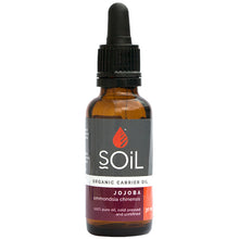 Soil Organic Carrier Oil Jojoba Body Oil 30ml size in a brown glass bottle with a dropper lid. 