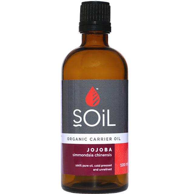 Soil Organic Carrier Oil Jojoba in a brown glass bottle with a screw top lid