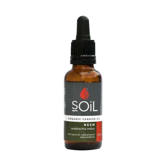 Soil Organic Carrier Oil Neem 30ml in a brown glass bottle with a dropper lid
