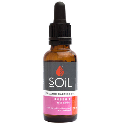 Soil Organic Carrier Oil Rosehip 30 ml in brown glass bottle with dropper lid 