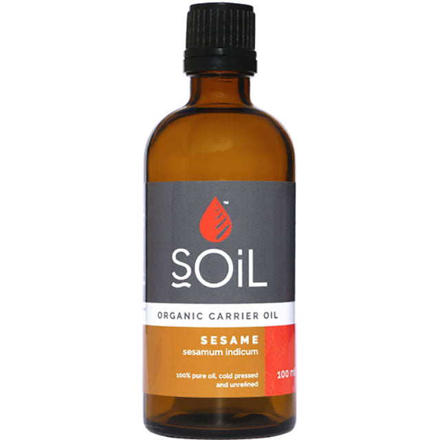 Soil Organic Carrier Oil Sesame in a brown glass bottle with a screw top lid.