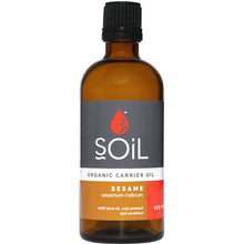 Soil Organic Carrier Oil Sesame in a brown glass bottle with a screw top lid.