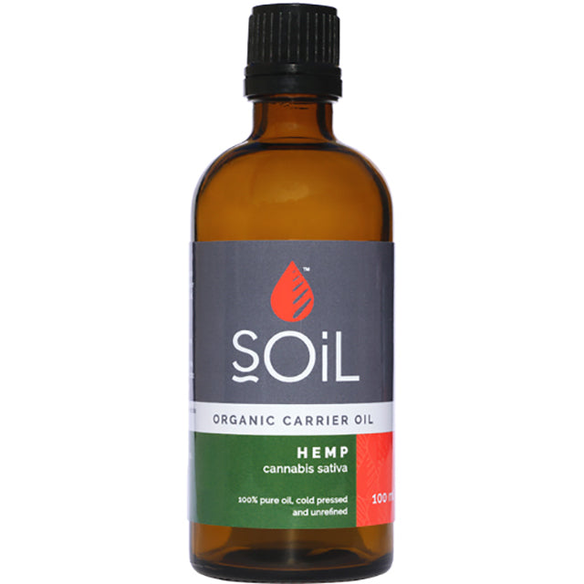 Soil Organic Carrier Oil Hemp 100ml in a brown glass bottle with a screw top lid 