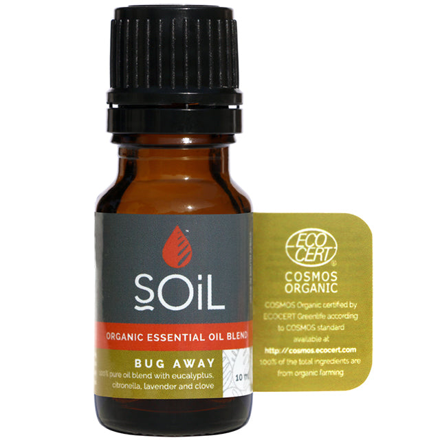 Soil Organic Essential Oil Blend Bug Away in a brown glass bottle with a screw top lid.
