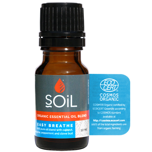 Soil Organic Essential Oil Blen Easy Breath is in a brown glass bottle with a screw top lid