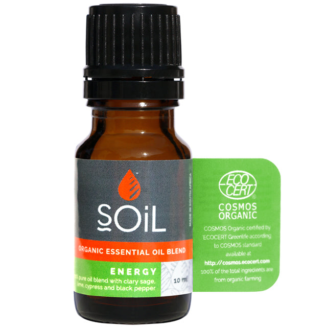 Soil Organic Essential Oil Blend Energy in a brown glass bottle with a screw top lid