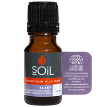 Soil Organic Essential Oil Blend Sleep in a brown glass bottle with a screw top lid.