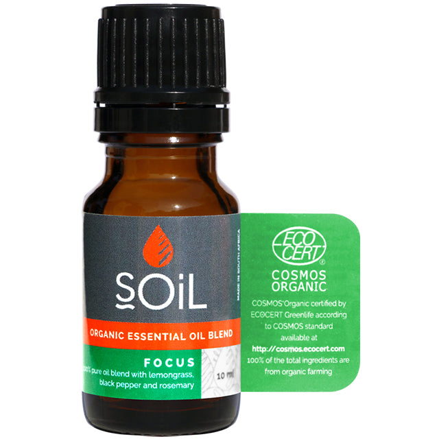 Soil Organic Essential Oil Blend Focus is in a brown glass bottle with a screw top lid.