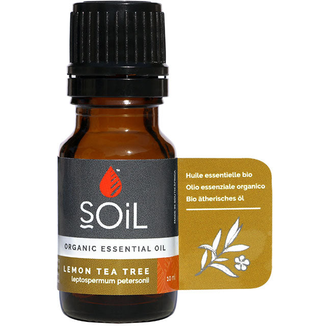 Soil Organic Essential Oil Organic Lemon Tea Tree  in a glass brown bottle with a screw top lid 
