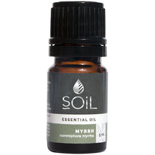 Soil Essential Oil Myrrh is wild harvested and is in a glass brown bottle with a screw top lid