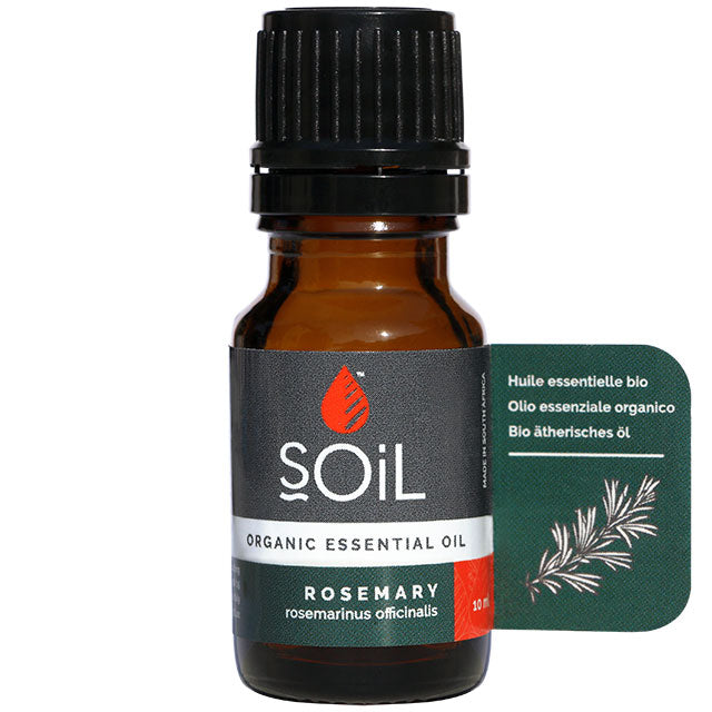 Soil Organic Essential Oil Rosemary is in a brown glass bottle with a screw top lid