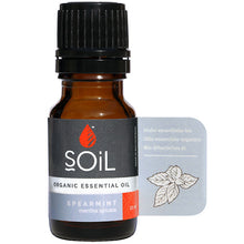 Soil Organic Essential Oil Spearmint in a brown glass bottle with a screw top lid 