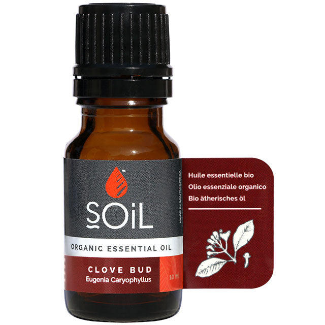 Soil Organic Essential Oils Clove Bud in a brown glass bottle with a screw top lid 