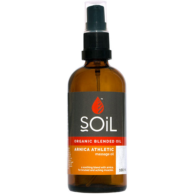 Soil Organic Blended Oil Arnica Athletic Massage oil in a brown glass bottle 