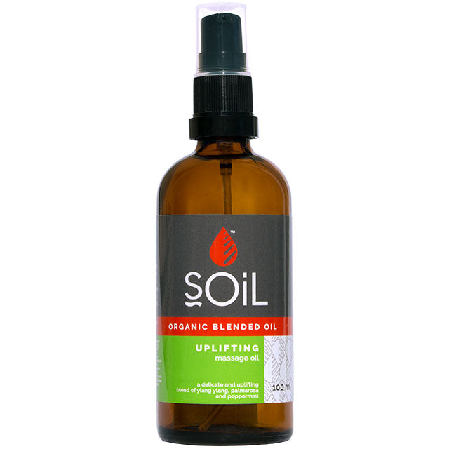 Soil Organic Blended Oil Uplifting Massage Oil in a brown glass bottle 