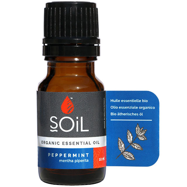 Soil Organic Essential Oil Peppermint  in a brown glass bottle with a screw top lid