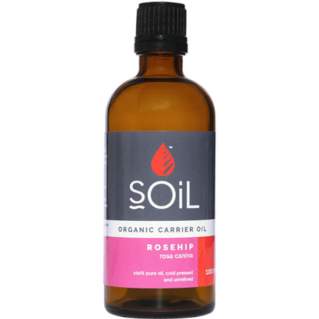 Soil Organic Carrier Oil Rosejip 100ml in a brown glass bottle with a screw top lid 
