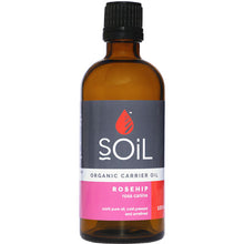 Soil Organic Carrier Oil Rosejip 100ml in a brown glass bottle with a screw top lid 
