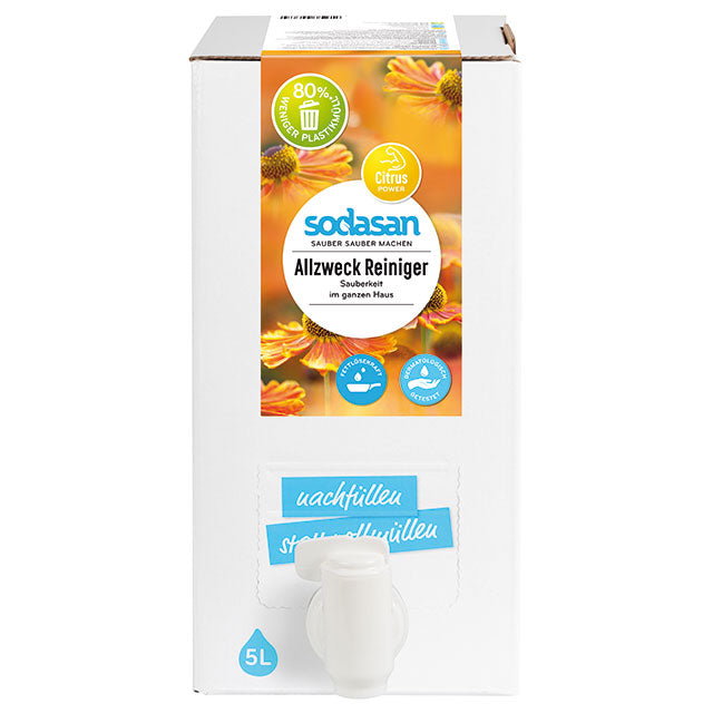 Sodasan All Purpose Cleaner is in a bag in a box with a tap dispenser