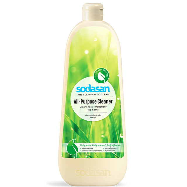 Sodasan All Purpose Cleaner is in a recycled plastic bottle with a flip cap. 