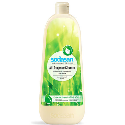 Sodasan All Purpose Cleaner is in a recycled plastic bottle with a flip cap. 