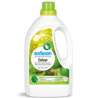 Sodasan Colour Laundry Liquid with  Lime  in a white recycled plastic bottle with a green screw top lid which is also the laundry liquid measure. 