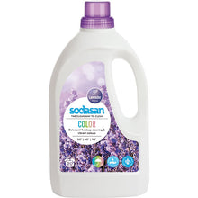 Sodasan Colour Laundry Liquid Lavender is in a white recycled plastic bottle with a purple screw top lid