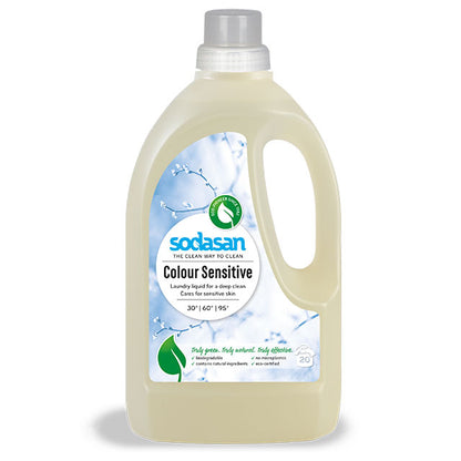 Sodasan Colour Sensitive Laundry Liquid in a recycled plastic bottle with a screw top lid.