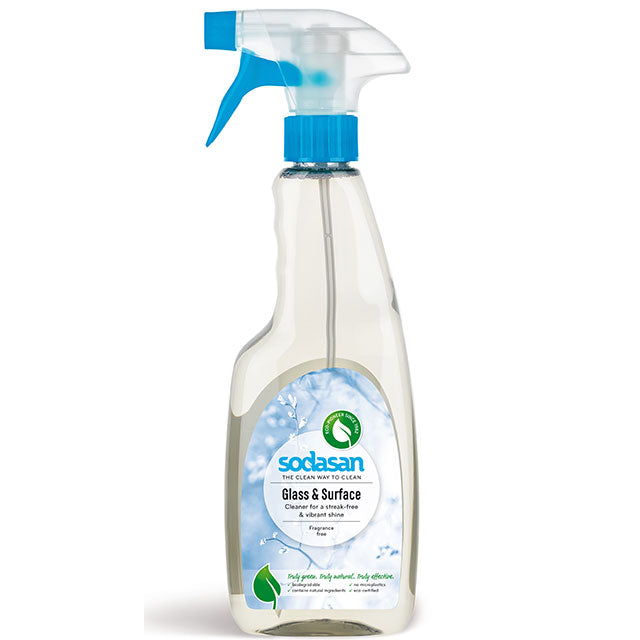 Sodasan Glass and Surface Cleaner is in an easy to hold plastic bottle with a spray nozzle. 