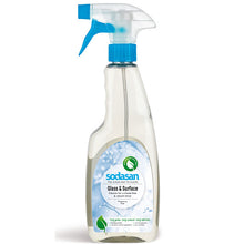 Sodasan Glass and Surface Cleaner is in an easy to hold plastic bottle with a spray nozzle. 